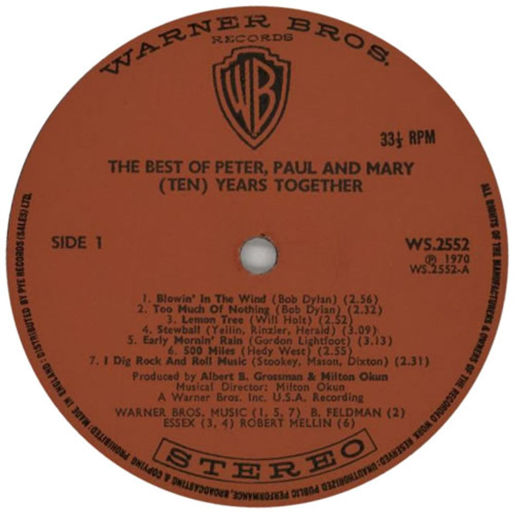 Peter Paul & Mary Ten Years Together - The Best Of Peter, Paul And Mary UK vinyl LP album (LP record) PPMLPTE601151