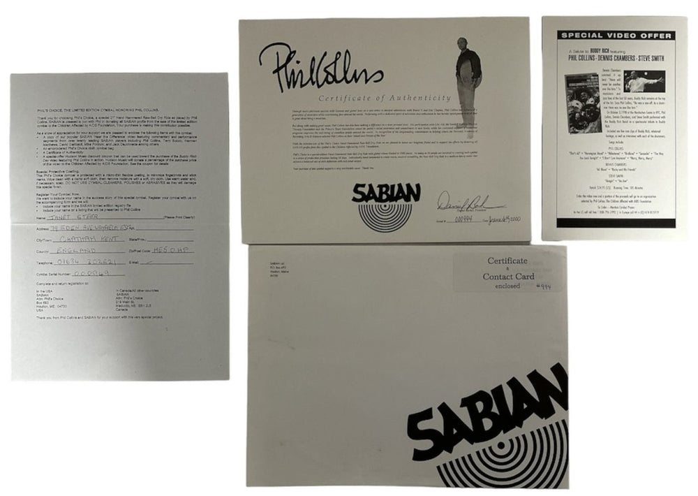 Phil Collins 21" Phil's Choice Sabian Hand Hammered Raw-Bell Dry Ride Cymbal US memorabilia COLMMPH838261