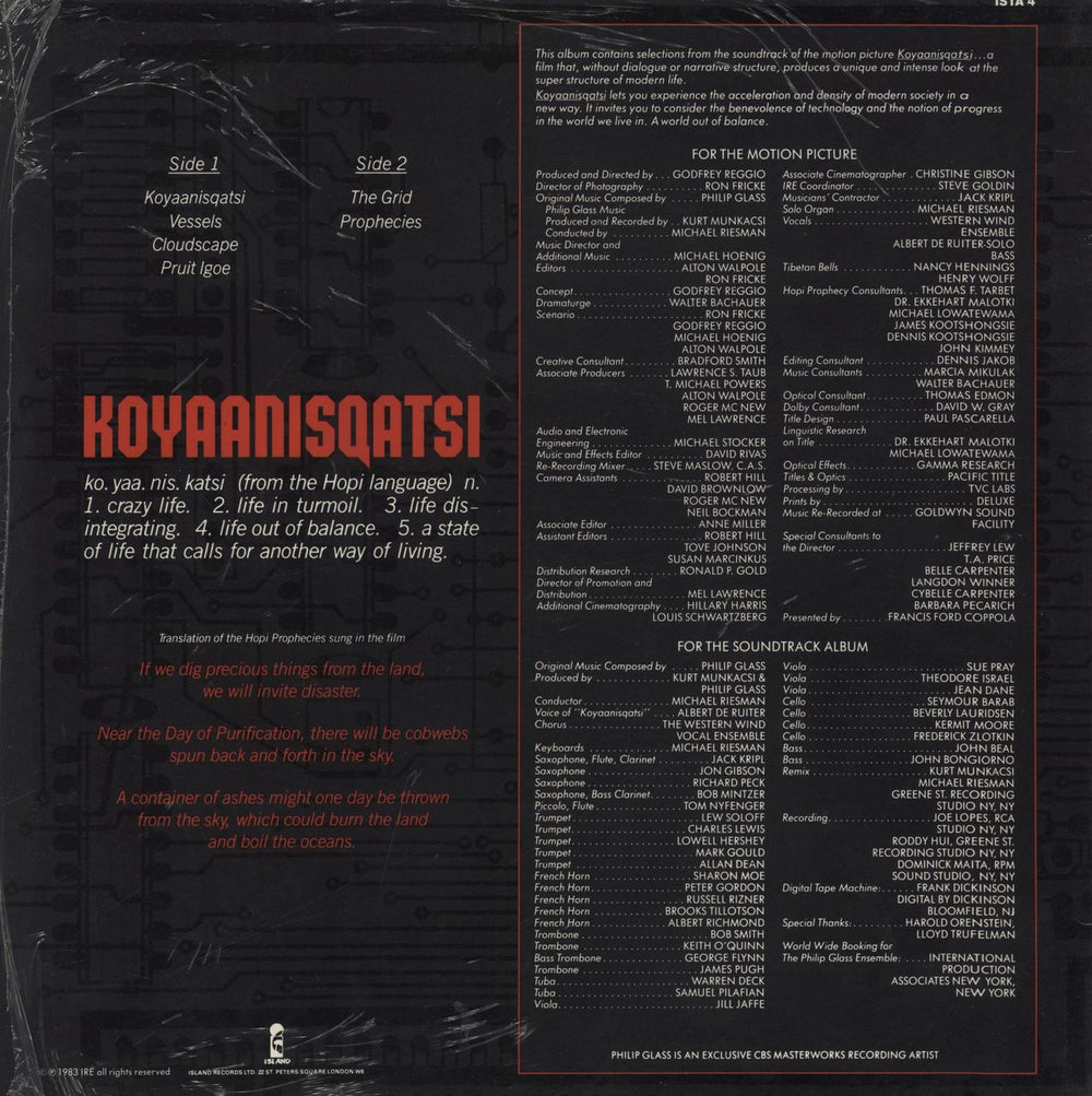 Philip Glass Koyaanisqatsi UK vinyl LP album (LP record)