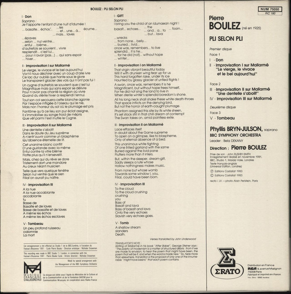 Pierre Boulez Pli Selon Pli French vinyl LP album (LP record)