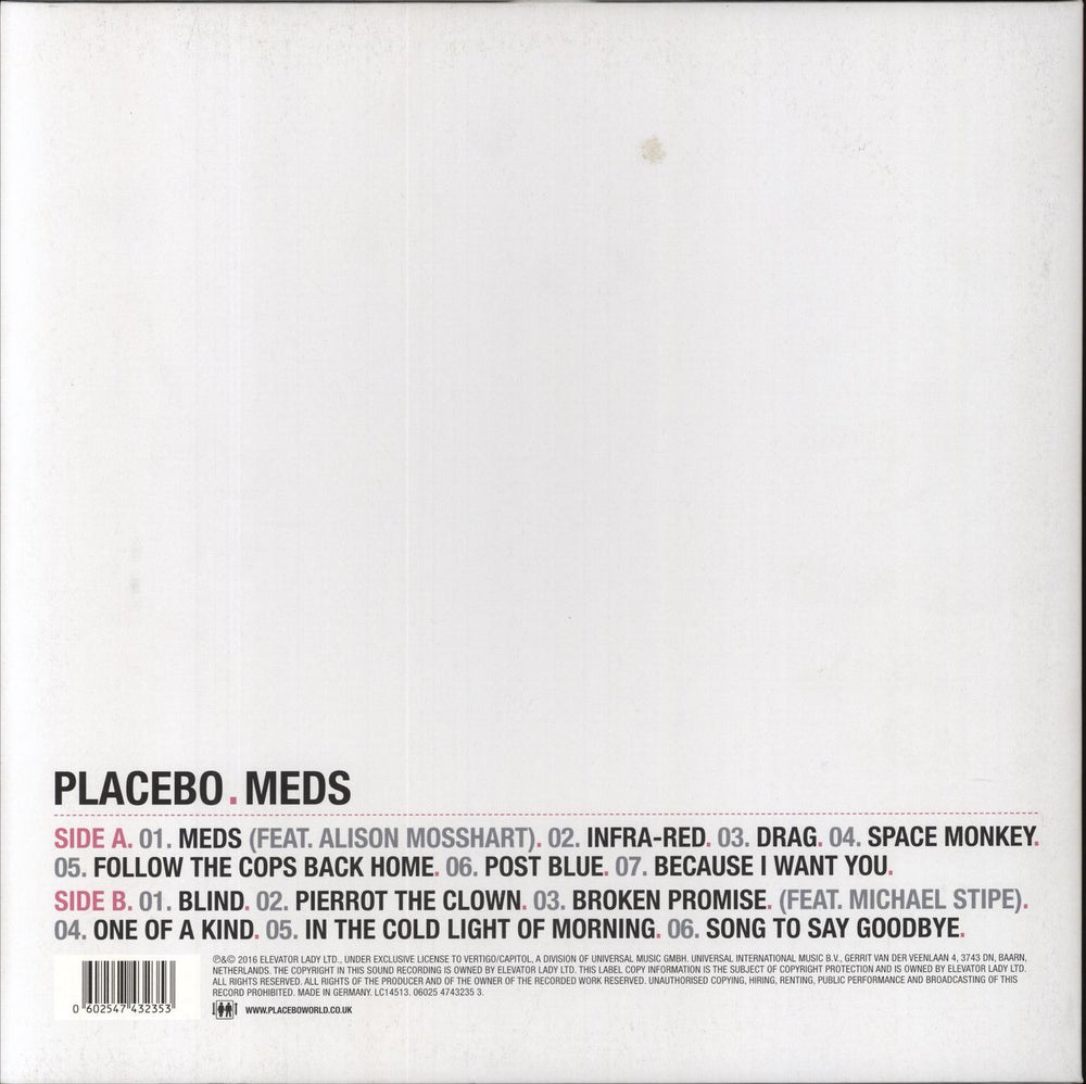 Placebo Meds - 180gram Pink Vinyl UK vinyl LP album (LP record) 602547432353