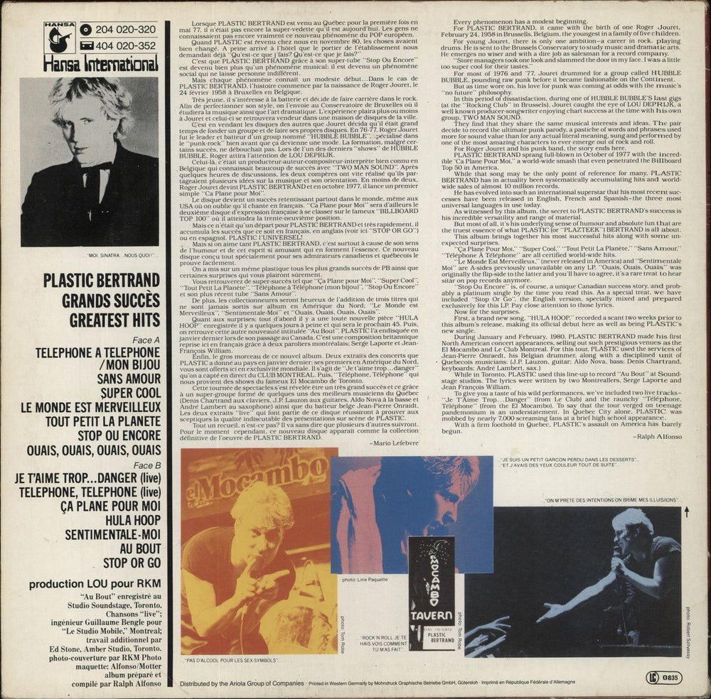 Plastic Bertrand Grands Succès / Greatest Hits German vinyl LP album (LP record)