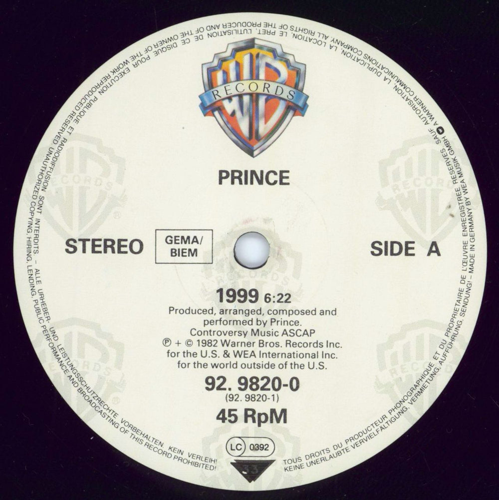 Prince 1999 - Nineteen Ninety Nine German 12" vinyl single (12 inch record / Maxi-single) PRI12NI03346