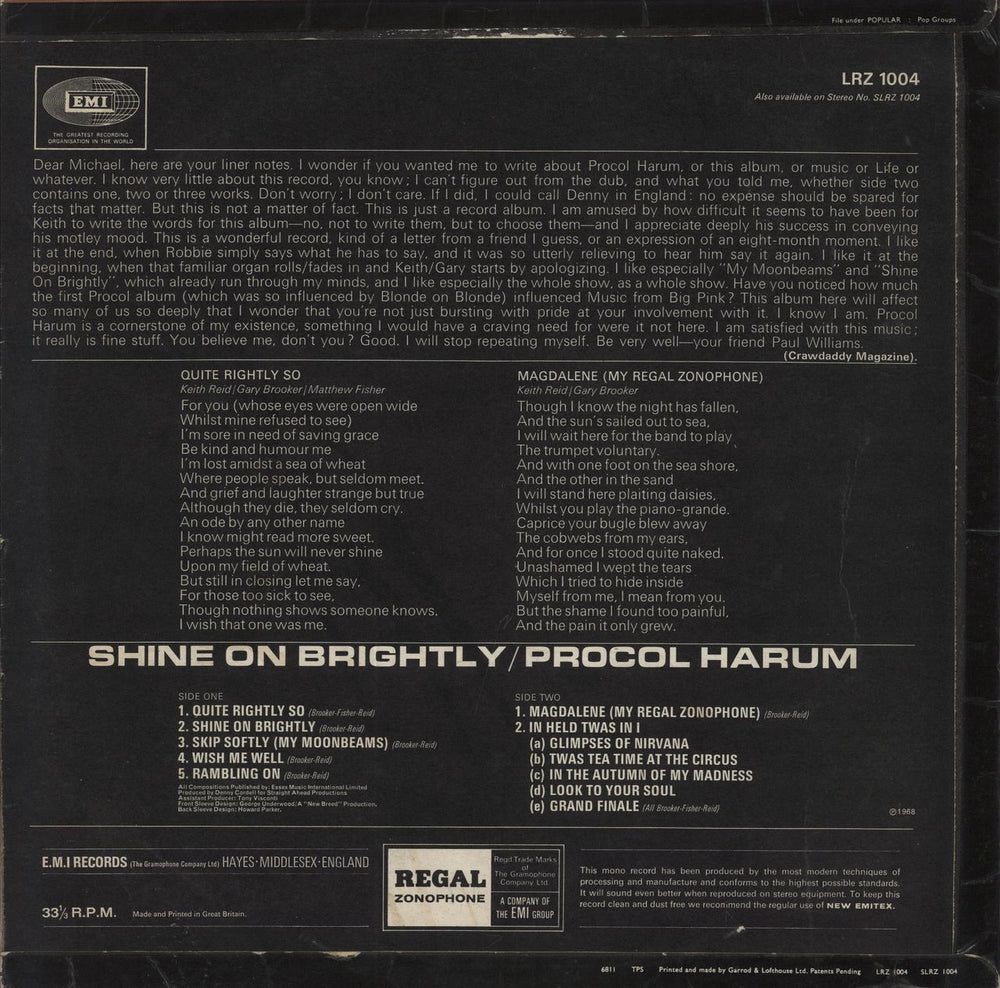 Procol Harum Shine On Brightly - EX UK vinyl LP album (LP record)