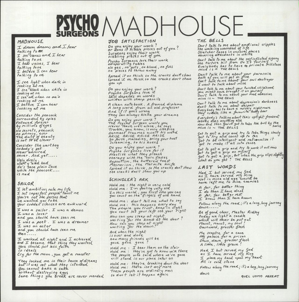 Psycho Surgeons Madhouse - Insert+Sticker UK vinyl LP album (LP record)