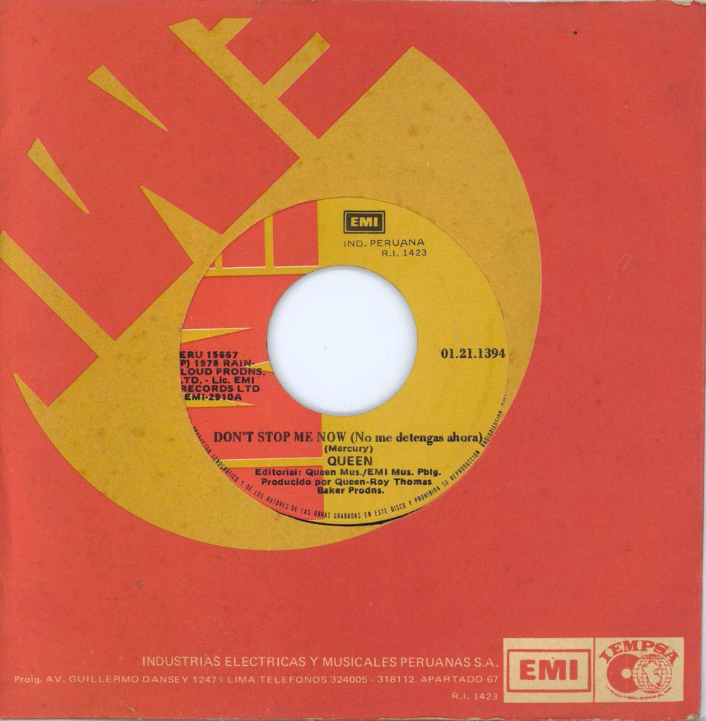 Queen No Me Detengas Ahora - 2nd Peruvian 7" vinyl single (7 inch record / 45) 01.21.1394