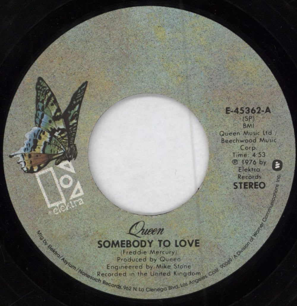 Queen Somebody To Love - SP on Label - Butterfly US 7" vinyl single (7 inch record / 45) E-45362