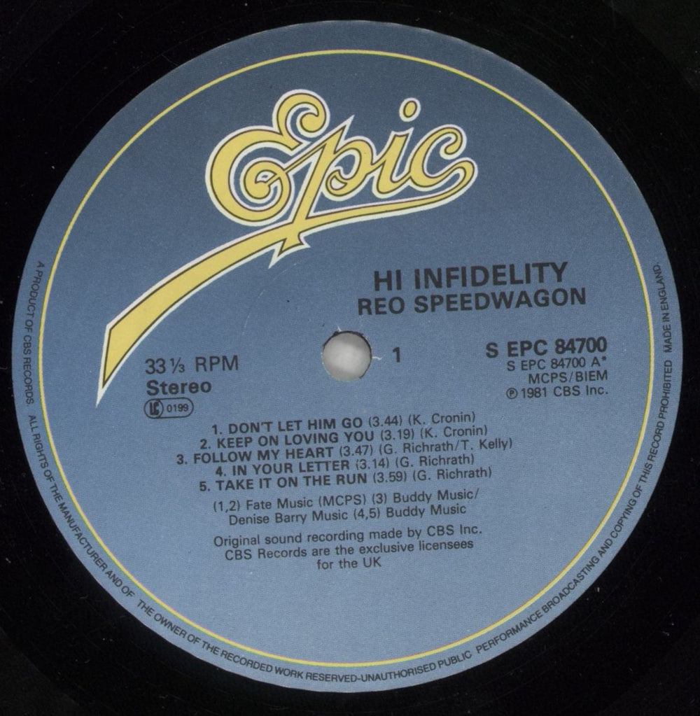 R.E.O. Speedwagon Hi Infidelity UK vinyl LP album (LP record) REOLPHI543372