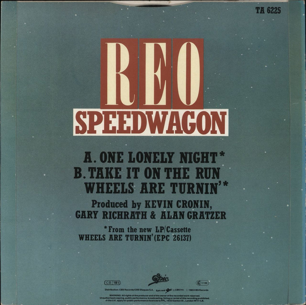 R.E.O. Speedwagon One Lonely Night UK 12" vinyl single (12 inch record / Maxi-single)