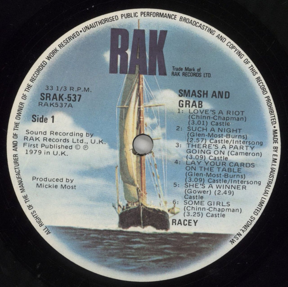 Racey Smash And Grab Australian vinyl LP album (LP record) RCYLPSM860286