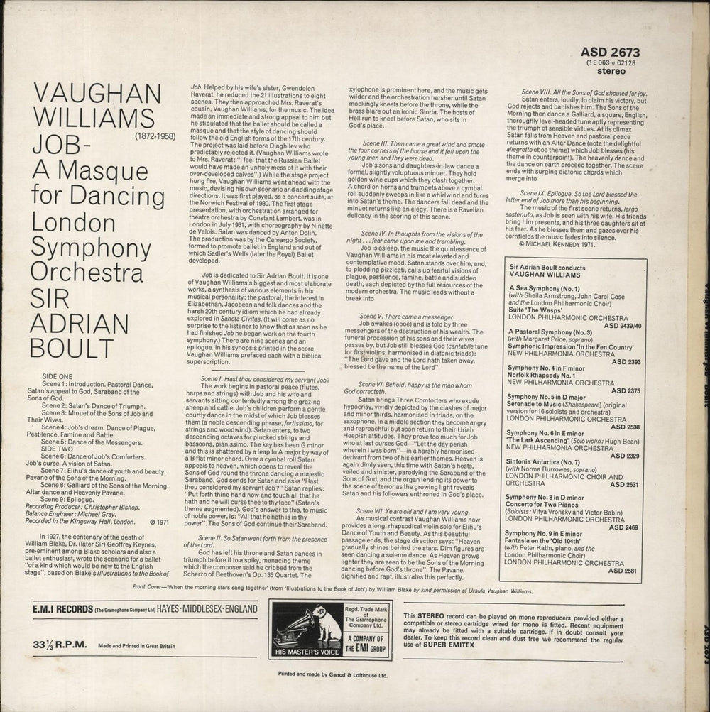 Ralph Vaughan Williams Job - A Masque for Dancing UK vinyl LP album (LP record)