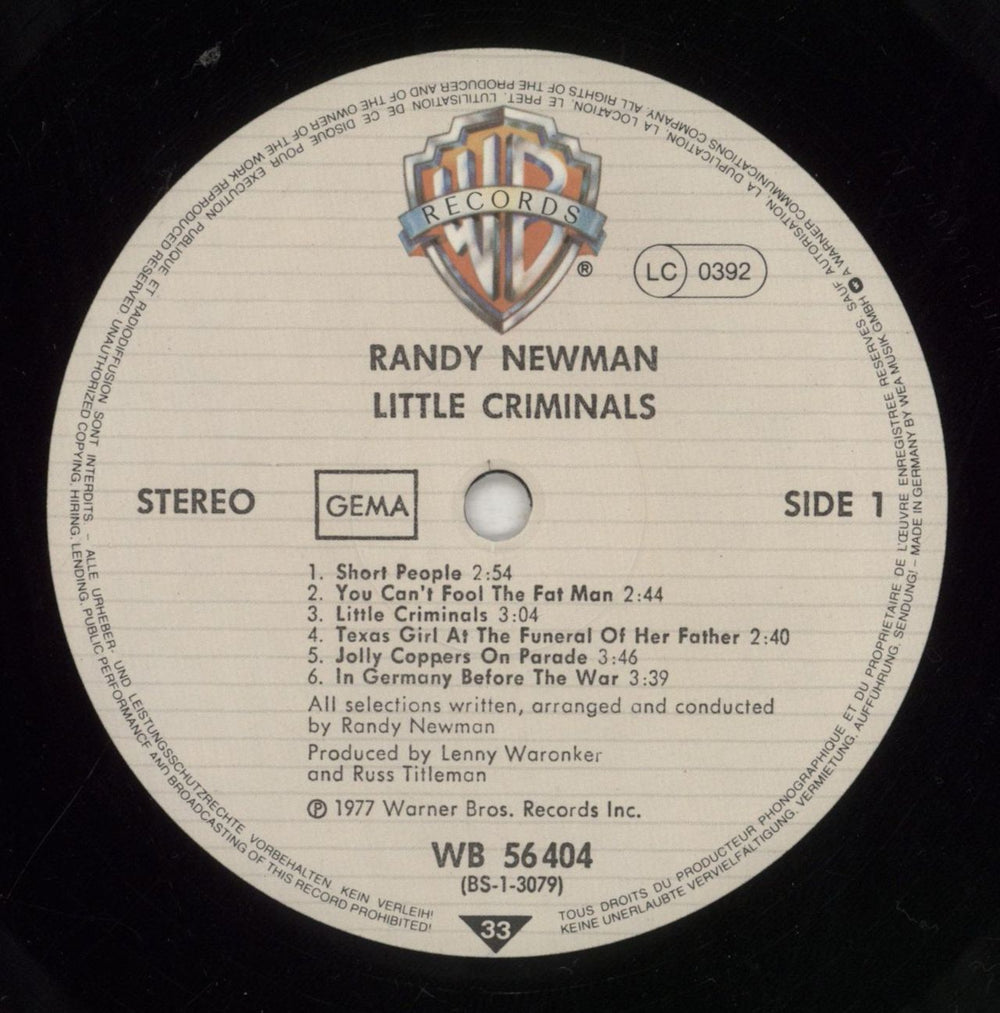 Randy Newman Little Criminals German vinyl LP album (LP record) RNMLPLI523287