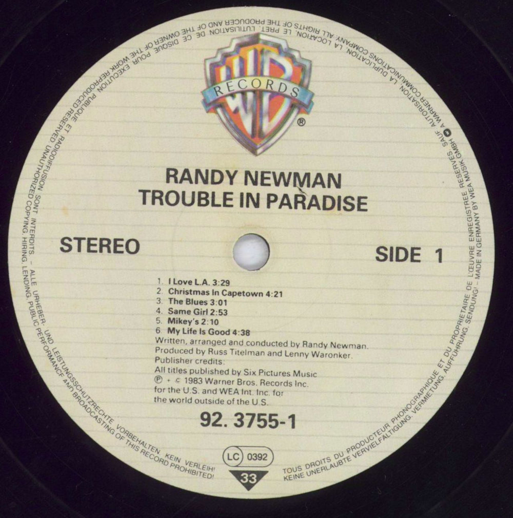 Randy Newman Trouble In Paradise German vinyl LP album (LP record) RNMLPTR830574