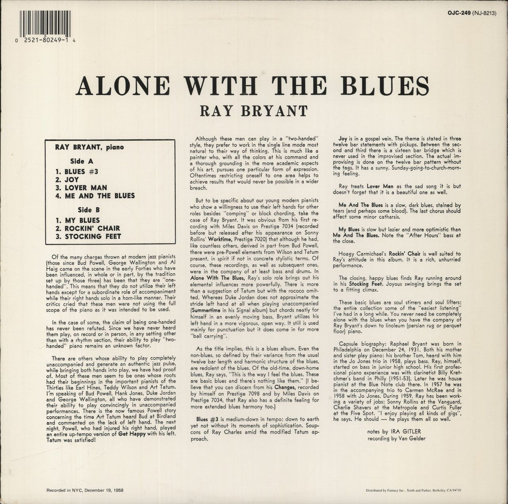 Ray Bryant Alone With The Blues UK vinyl LP album (LP record) 025218024914