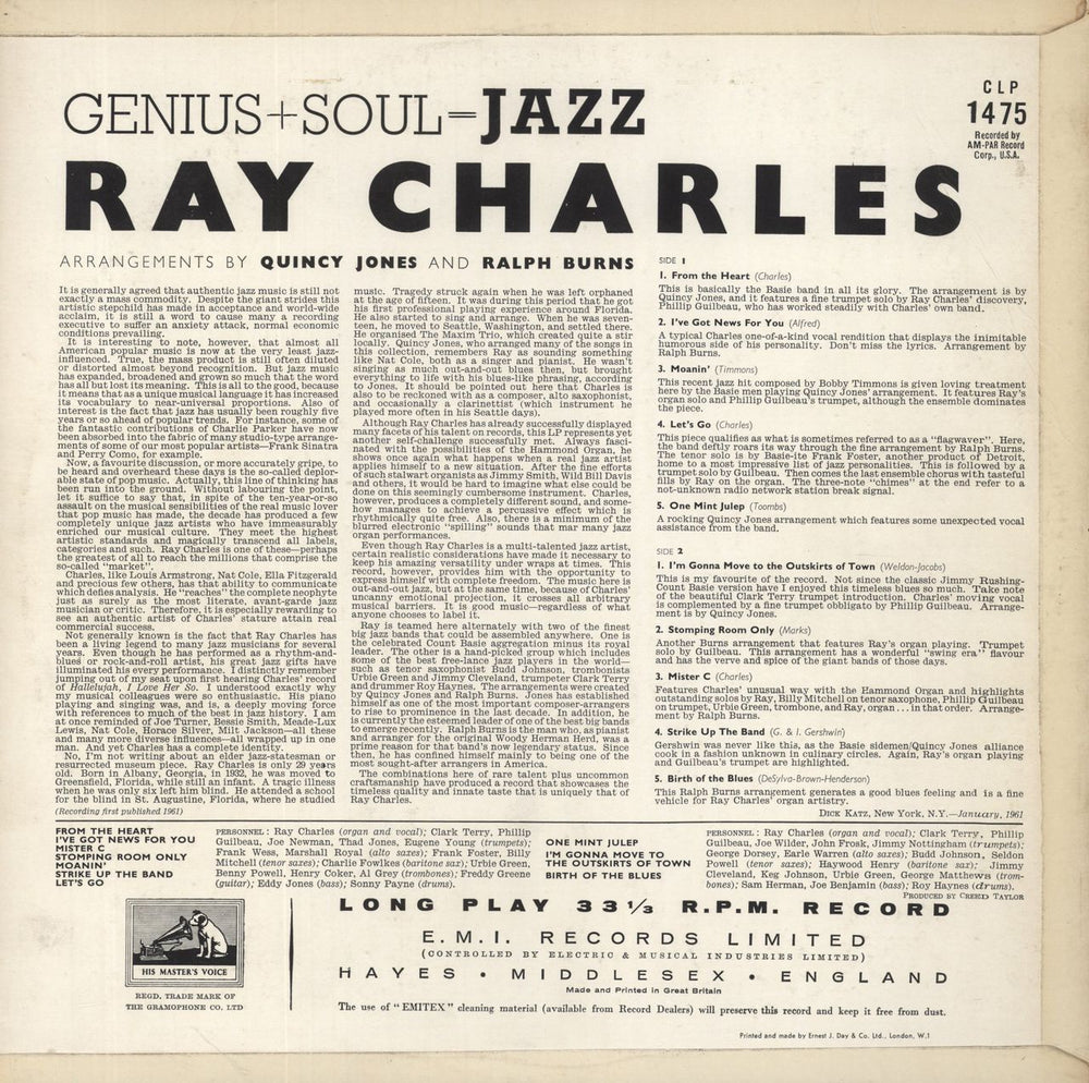 Ray Charles Genius + Soul = Jazz UK vinyl LP album (LP record)