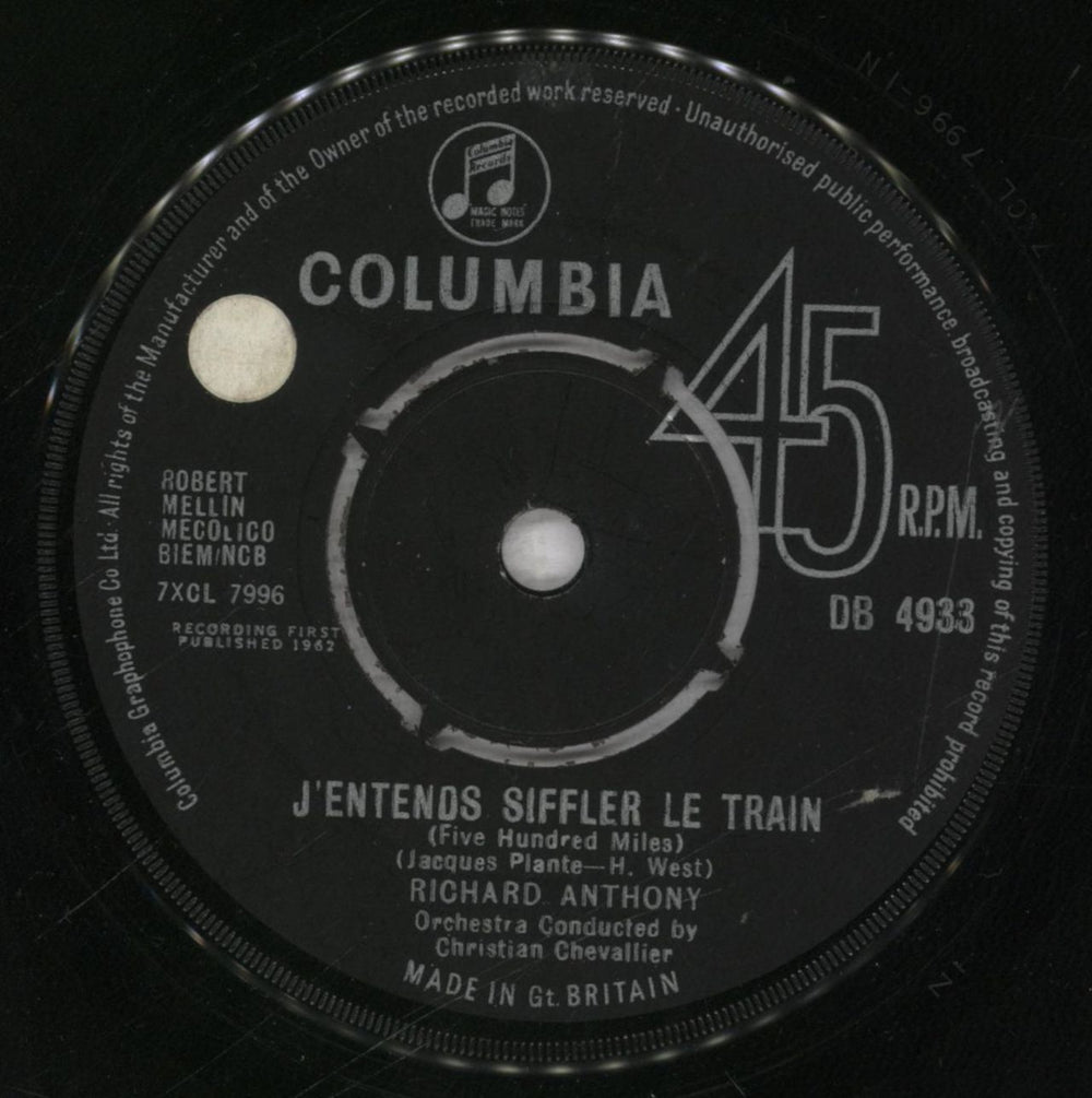 Richard Anthony J'Entends Siffler Le Train UK Promo 7" vinyl single (7 inch record / 45) DB4933