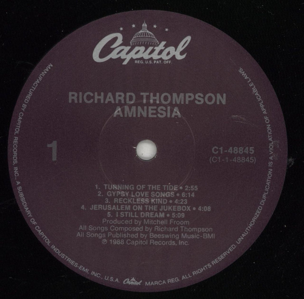 Richard Thompson Amnesia US vinyl LP album (LP record) RTHLPAM873619