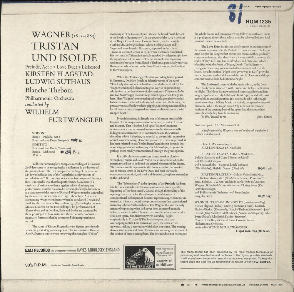 Richard Wagner Excerpts From "Tristan Und Isolde" UK vinyl LP album (LP record)