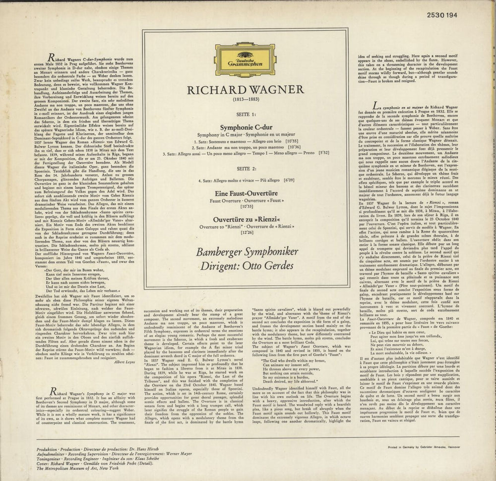 Richard Wagner Symphonie C-dur (In C Major) / Ouvertüren: Faust · Rienzi UK vinyl LP album (LP record)