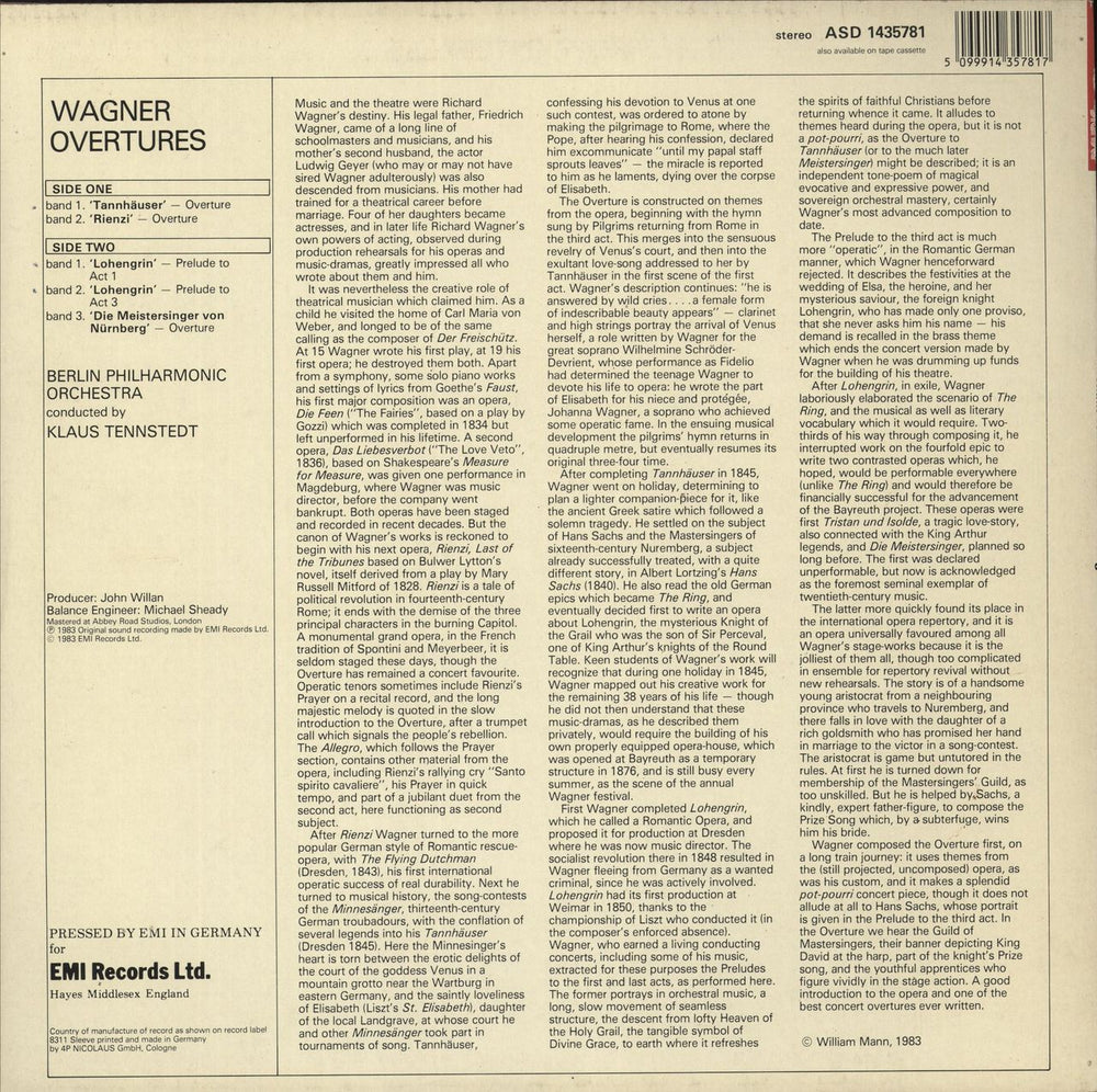 Richard Wagner Wagner: Overtures: Die Meistersinger, Tannhäuser, Rienzi, Lohengrin Vorspiele Zum 1. & 5. Aufzug German vinyl LP album (LP record)