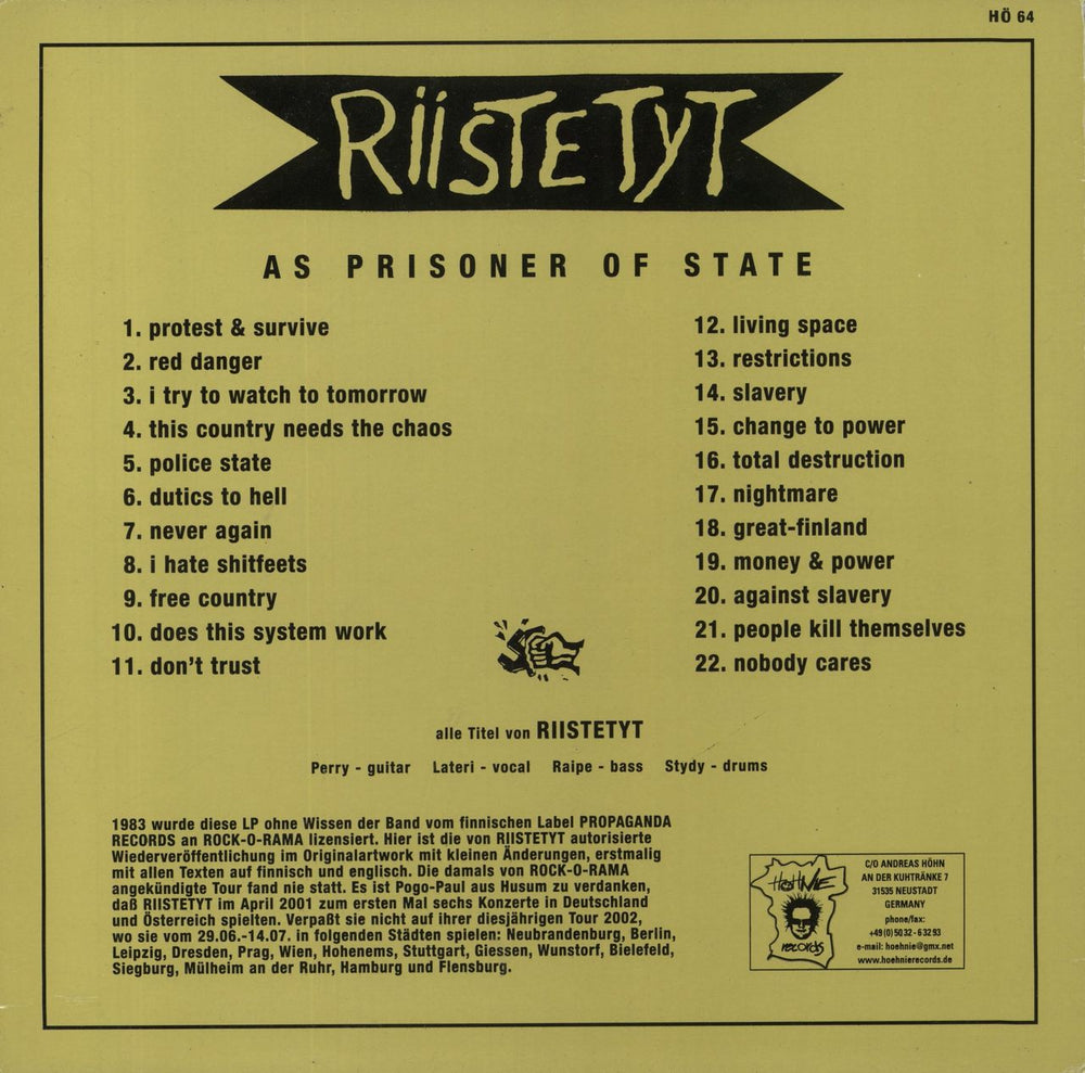 Riistetyt As A Prisoner Of State German vinyl LP album (LP record)