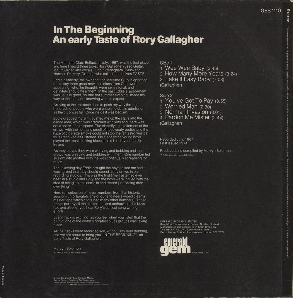 Rory Gallagher In The Beginning - EX UK vinyl LP album (LP record)