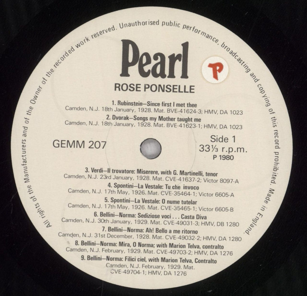 Rosa Ponselle Recorded 1923-1929 UK vinyl LP album (LP record) 79VLPRE845418