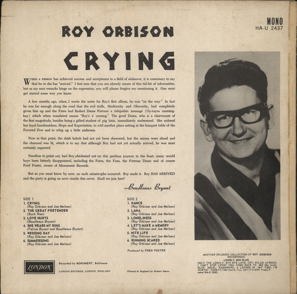 Roy Orbison Crying - 1st UK vinyl LP album (LP record)