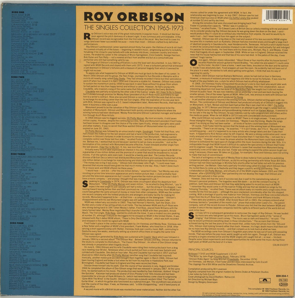 Roy Orbison The Singles Collection 1965-1973 Dutch 2-LP vinyl record set (Double LP Album) 042283923416