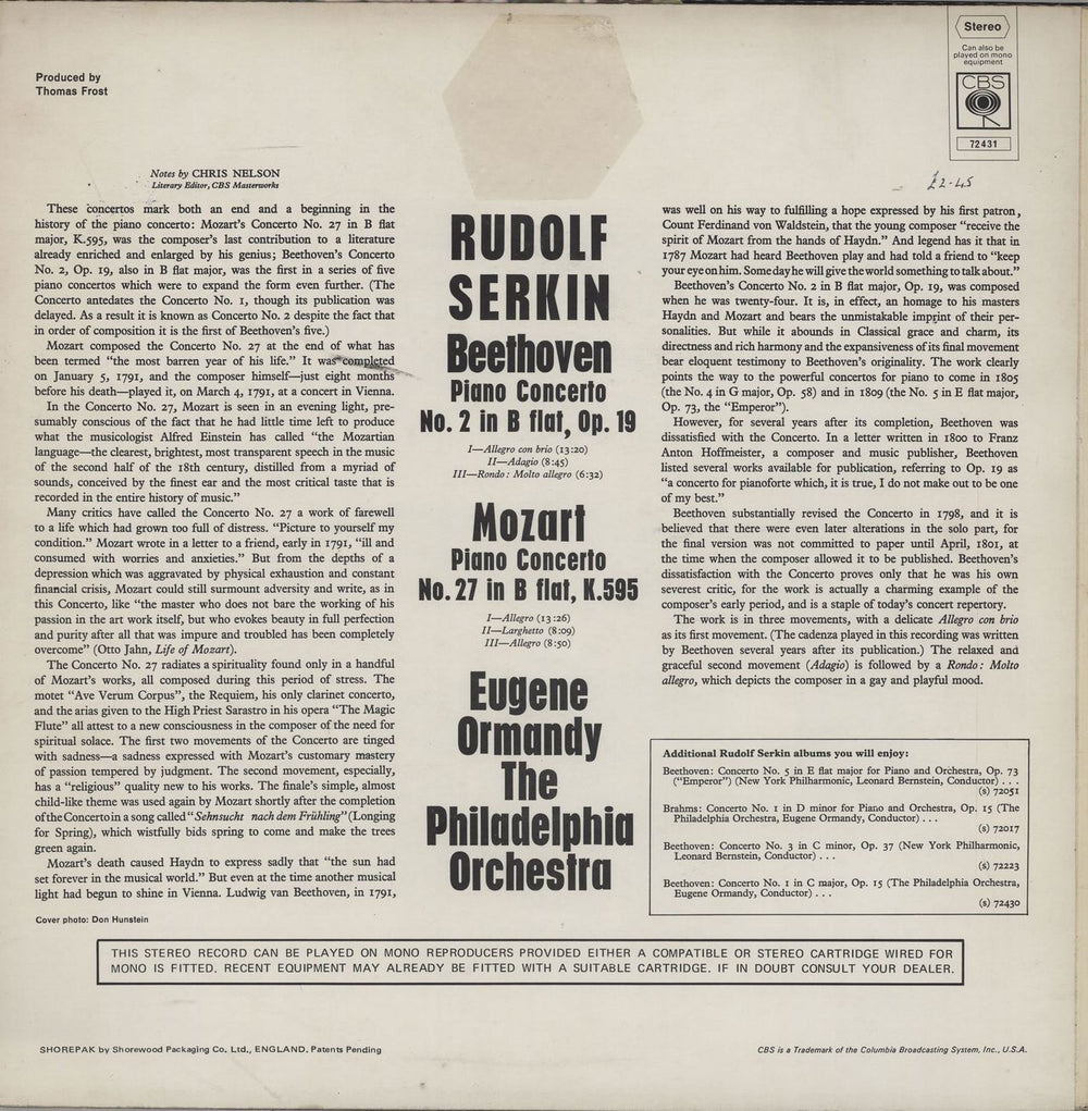 Rudolf Serkin Beethoven: Piano Concerto No. 2 In B-Flat / Mozart: Piano Concerto No. 27 In B-Flat, K. 595 UK vinyl LP album (LP record)