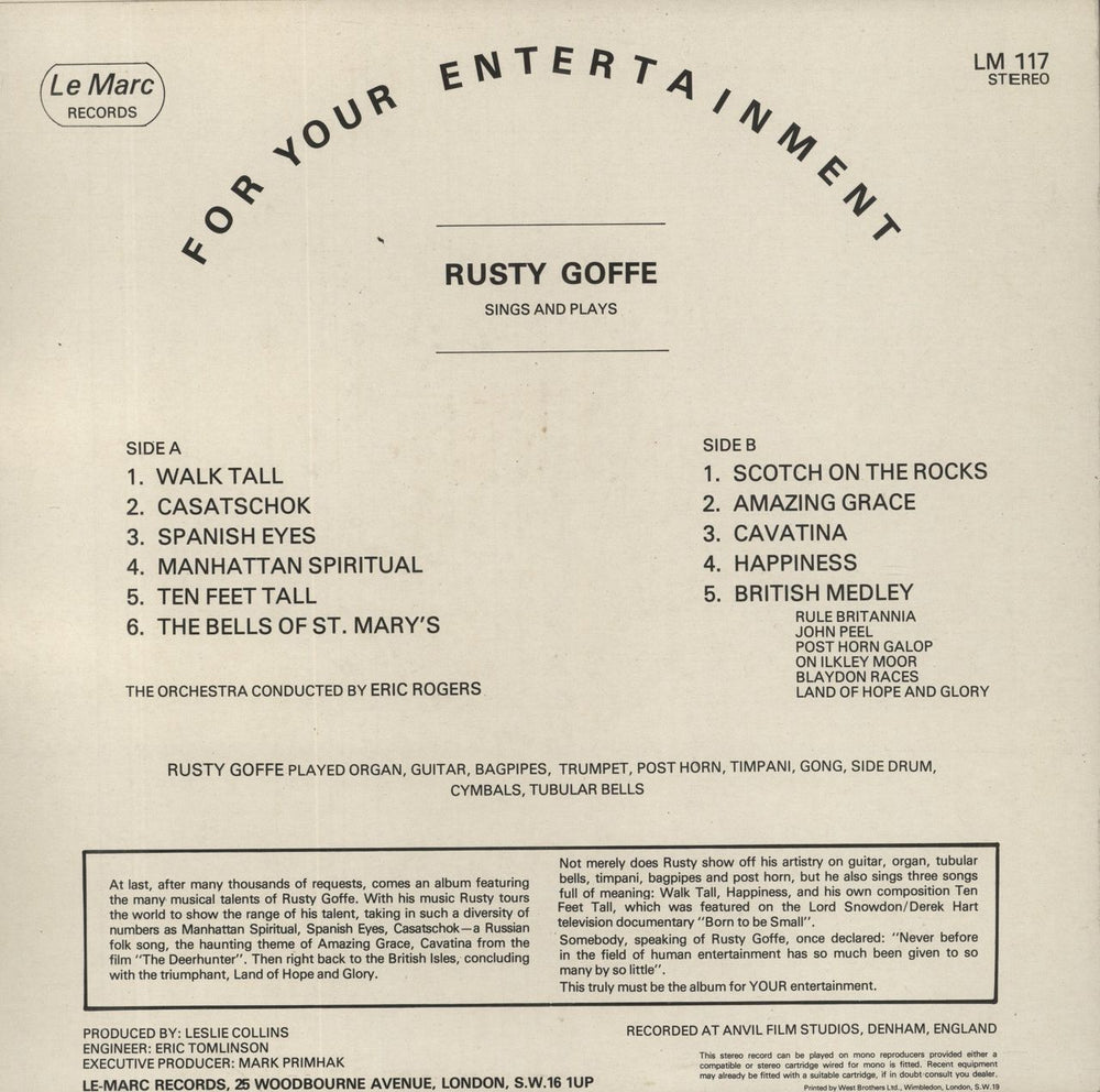 Rusty Goffe For Your Entertainment UK vinyl LP album (LP record)