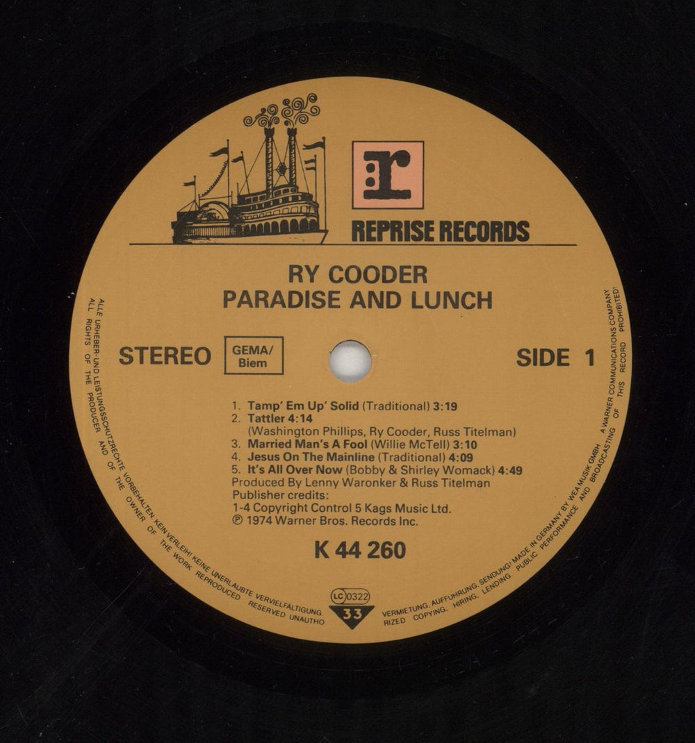 Ry Cooder Paradise And Lunch German vinyl LP album (LP record) RYCLPPA664876