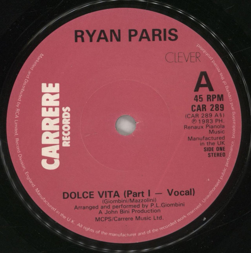 Ryan Paris Dolce Vita UK 7" vinyl single (7 inch record / 45) RYP07DO581432