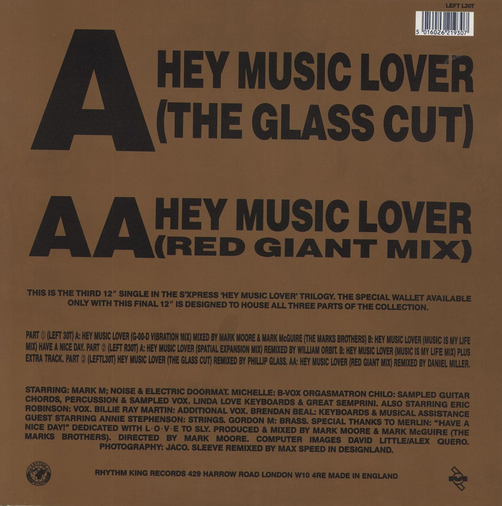 S'Express Hey Music Lover - [The Glass Cut & Red Giant Mix] UK 12" vinyl single (12 inch record / Maxi-single) 5016026219307