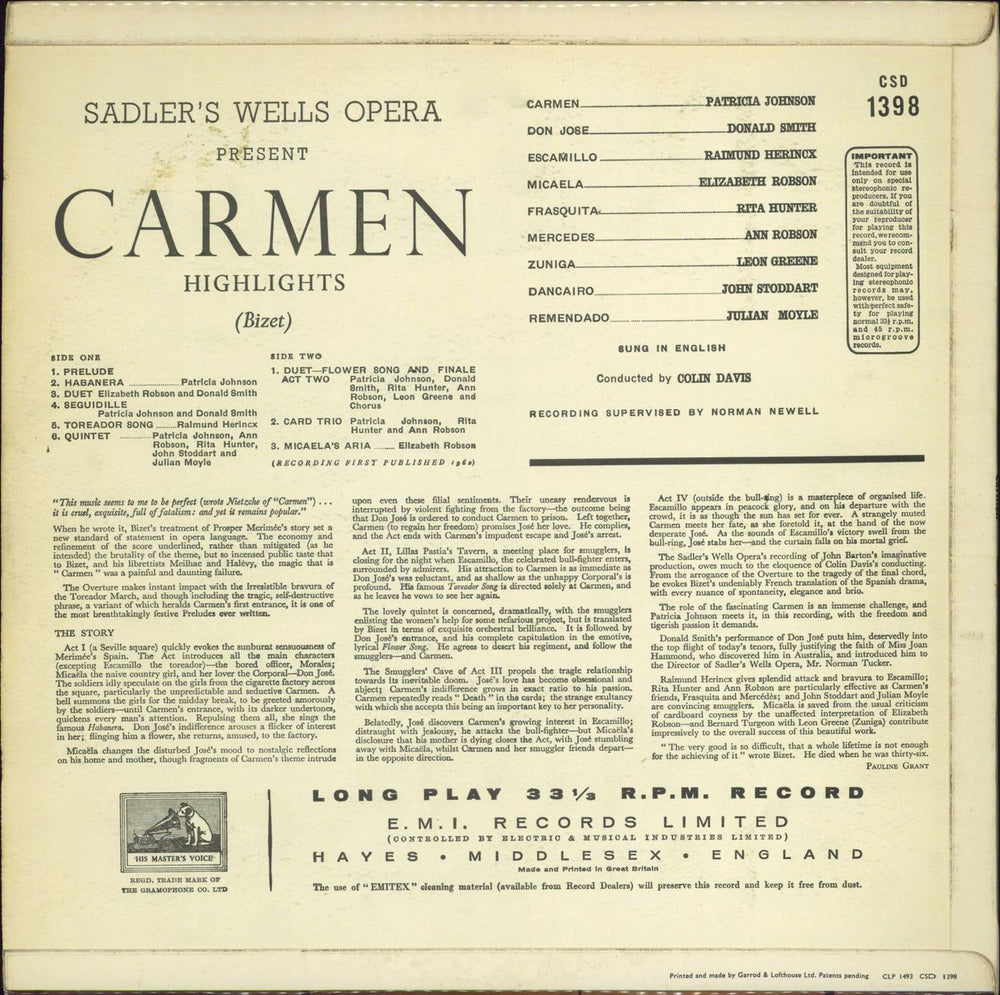 Sadler's Wells Theatre Carmen - 60s UK vinyl LP album (LP record)