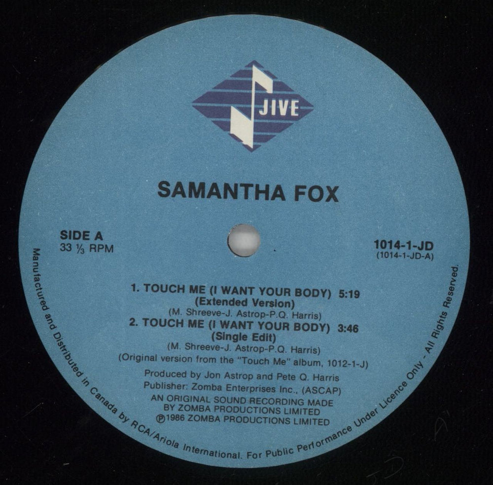 Samantha Fox Touch Me Canadian 12" vinyl single (12 inch record / Maxi-single) FOX12TO69968