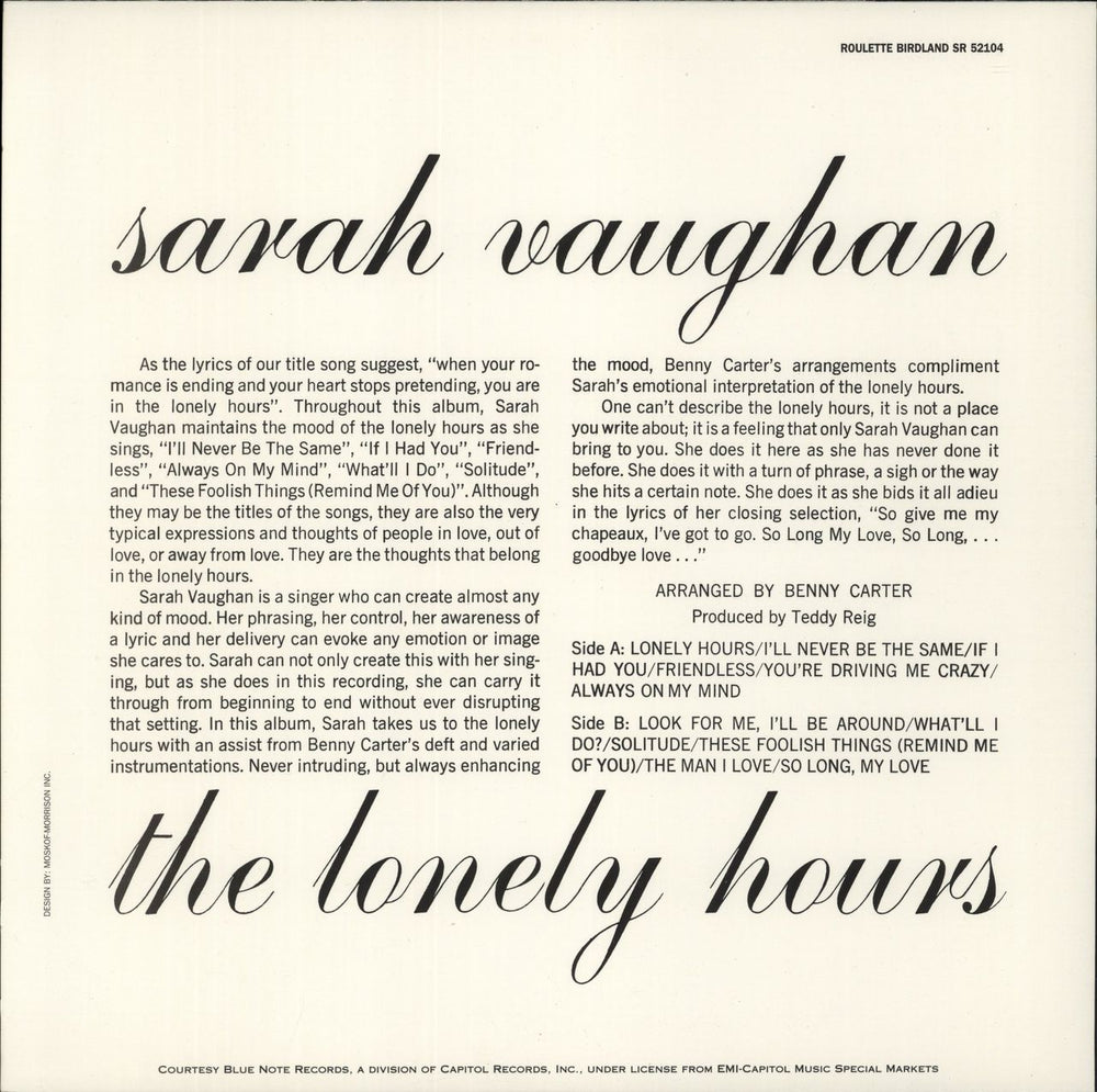 Sarah Vaughan The Lonely Hours - 200gm Vinyl UK vinyl LP album (LP record)