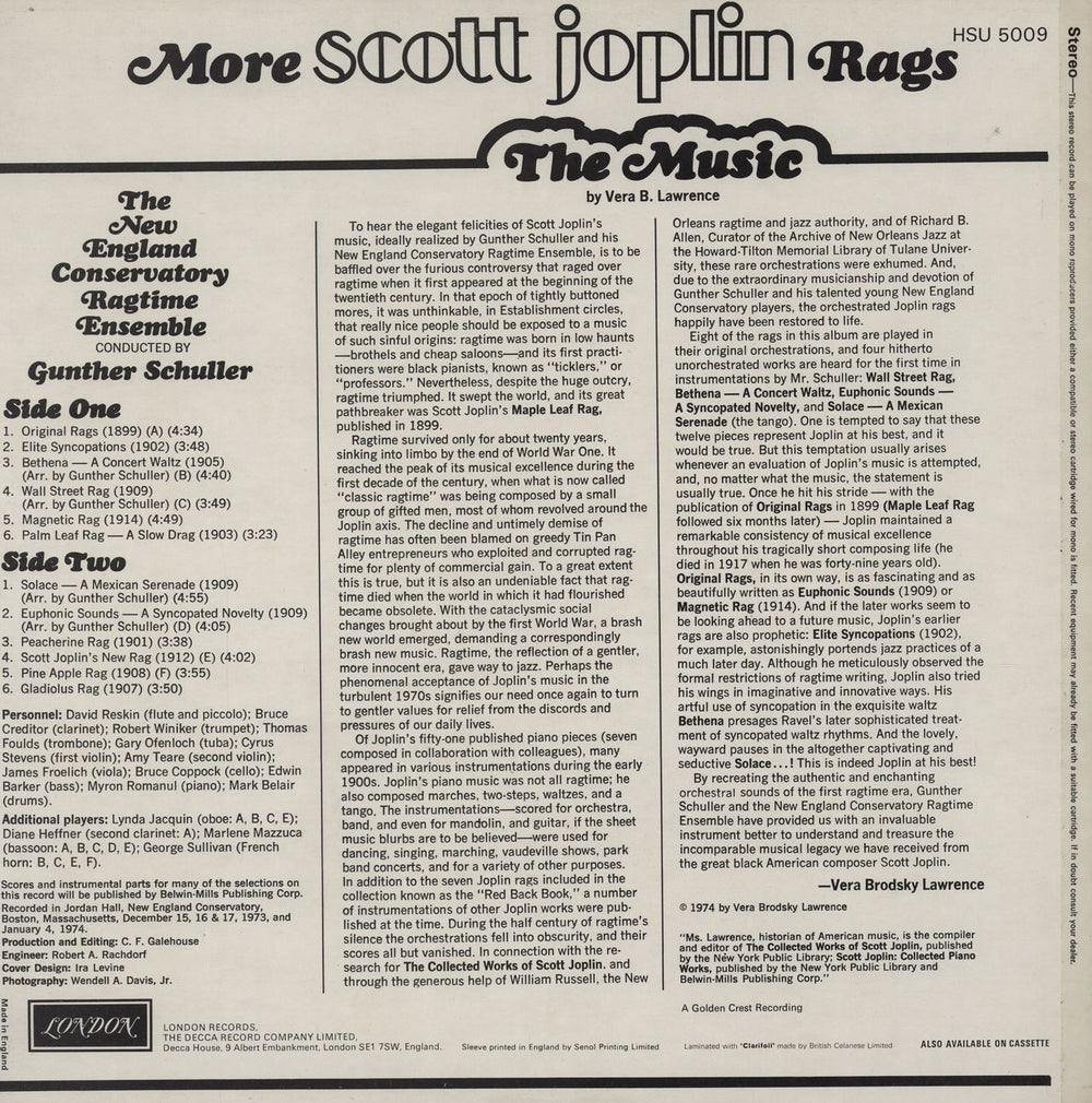 Scott Joplin More Scott Joplin Rags UK vinyl LP album (LP record)