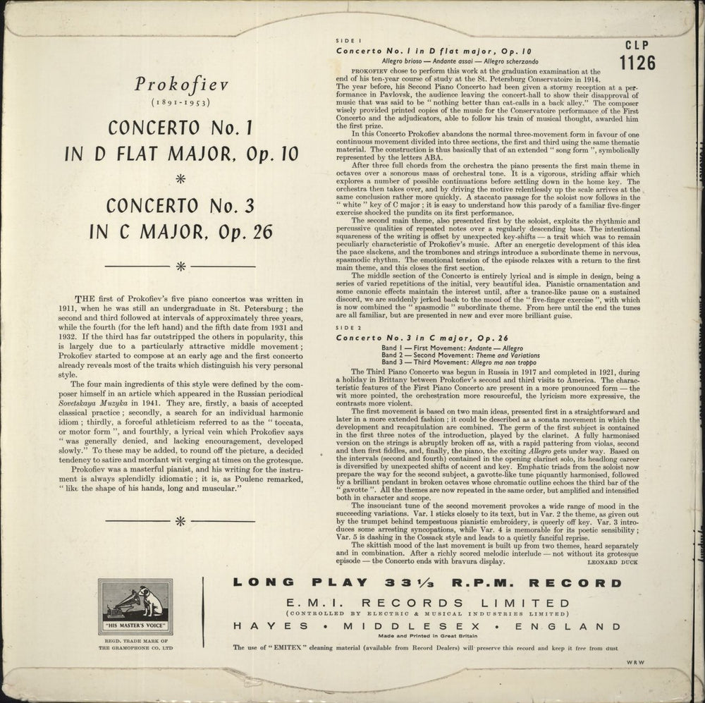 Sergei Prokofiev Prokofiev: Piano Concertos No. 1 In D Flat Major, Op. 10, No. 3 In C Minor, Op. 26 UK vinyl LP album (LP record)