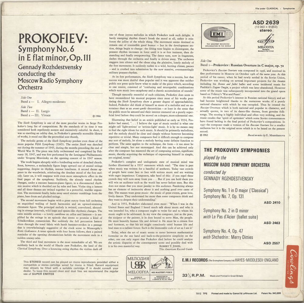 Sergei Prokofiev Symphony No. 6 in E Flat Minor, Op.111 / Russian Overture in C Major, Op.72 UK vinyl LP album (LP record)