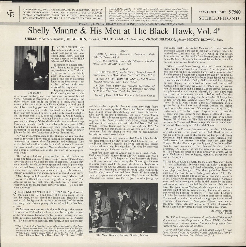 Shelly Manne At The Black Hawk, Vol. 4 US vinyl LP album (LP record)