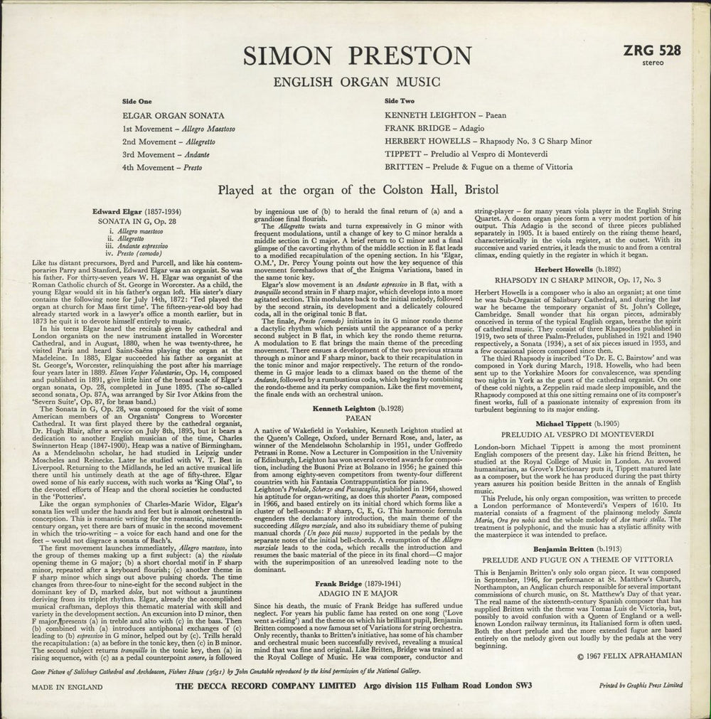 Simon Preston English Organ Music - 2nd UK vinyl LP album (LP record) YIOLPEN778529