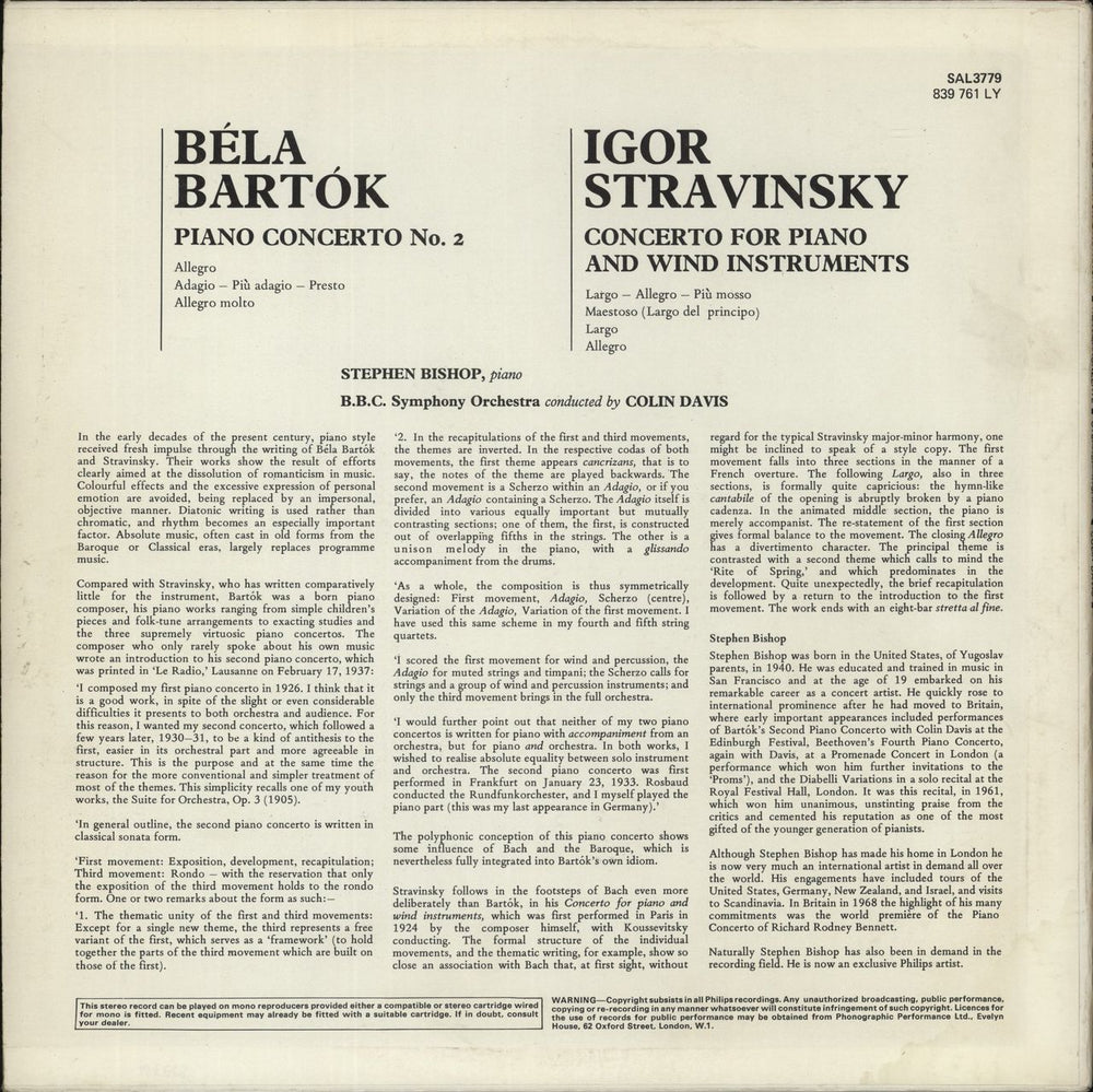 Sir Colin Davis Bartok: Piano Concerto No. 2 / Stravinsky: Concerto For Piano And Wind Dutch vinyl LP album (LP record)