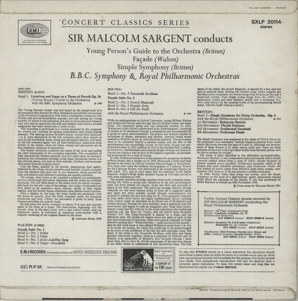 Sir Malcolm Sargent Britten: Young Person's Guide To The Orchestra / Walton: Facade / Britten: Simple Symphony UK vinyl LP album (LP record) YI0LPBR688521