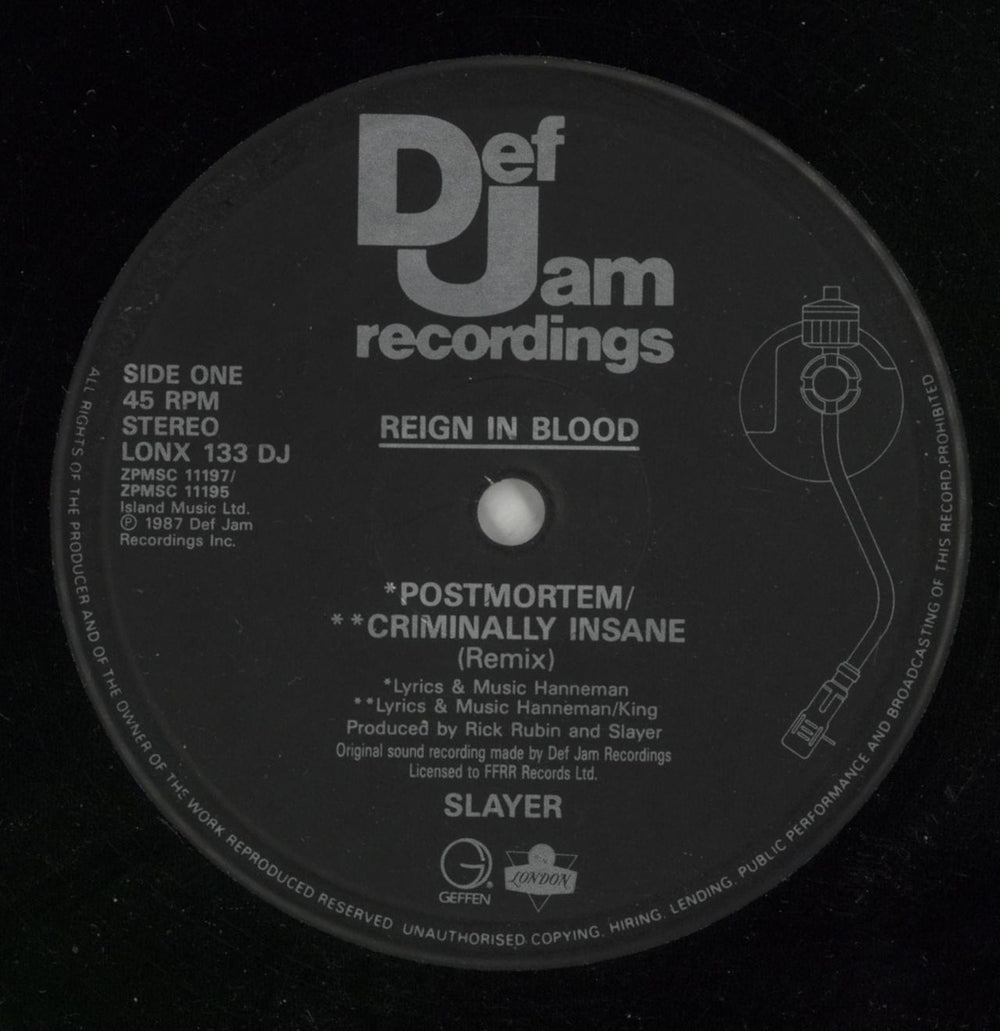 Slayer Reign In Blood UK Promo 12" vinyl single (12 inch record / Maxi-single) LONX133DJ