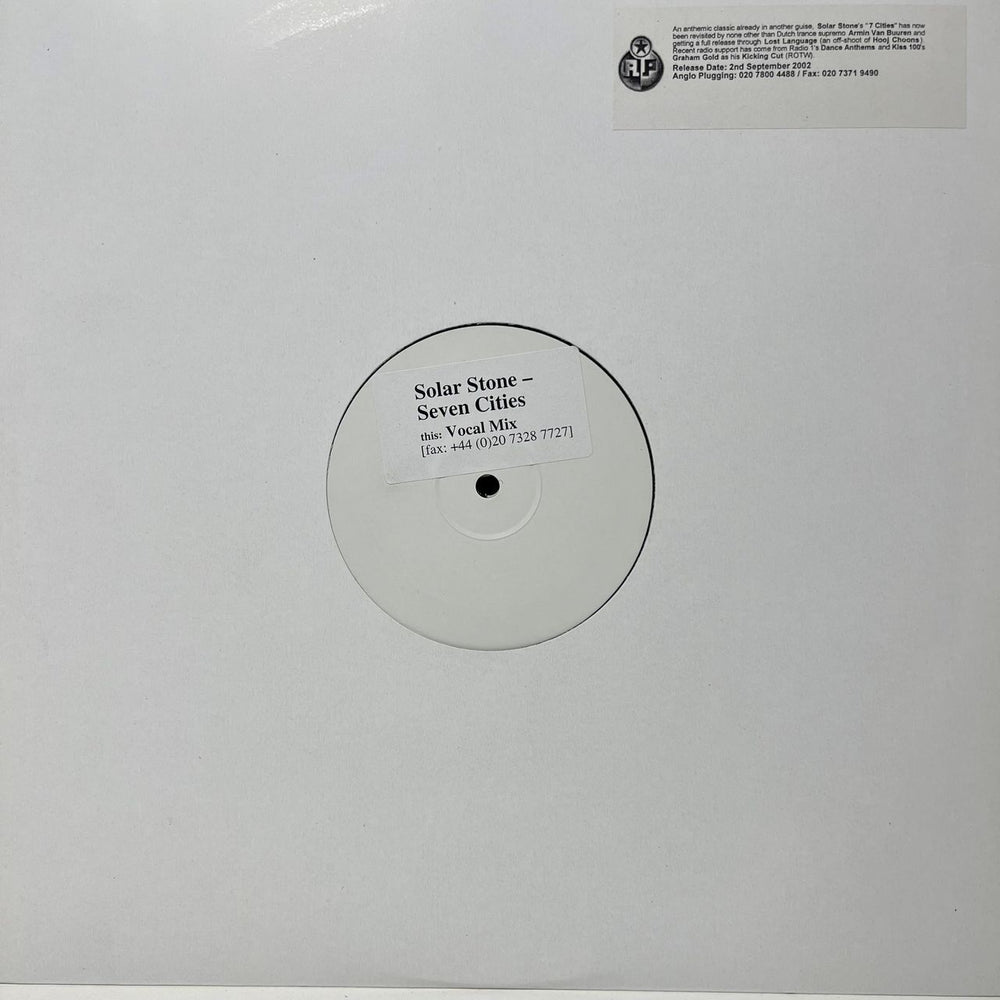 Solar Stone Seven Cities - Vocal Mix 1-sided White Label UK Promo 12" vinyl single (12 inch record / Maxi-single) LOST18X