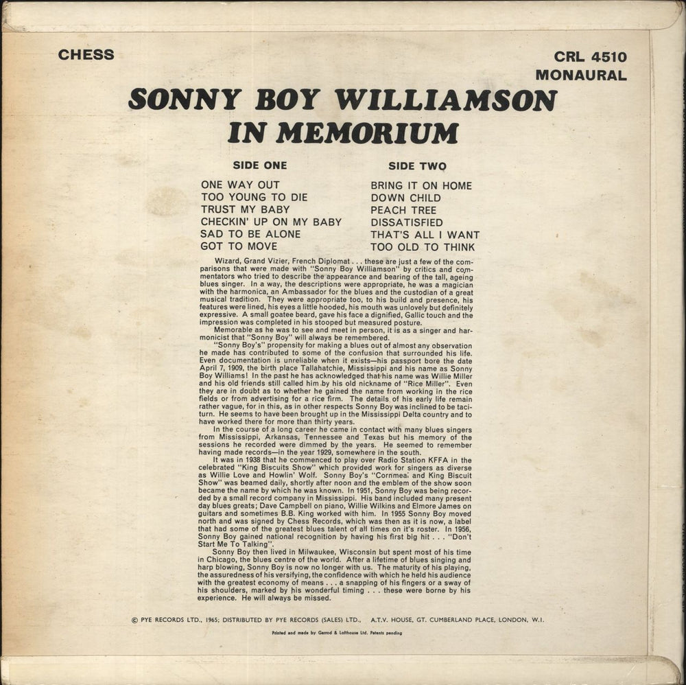 Sonny Boy Williamson In Memorium - 1st UK vinyl LP album (LP record)