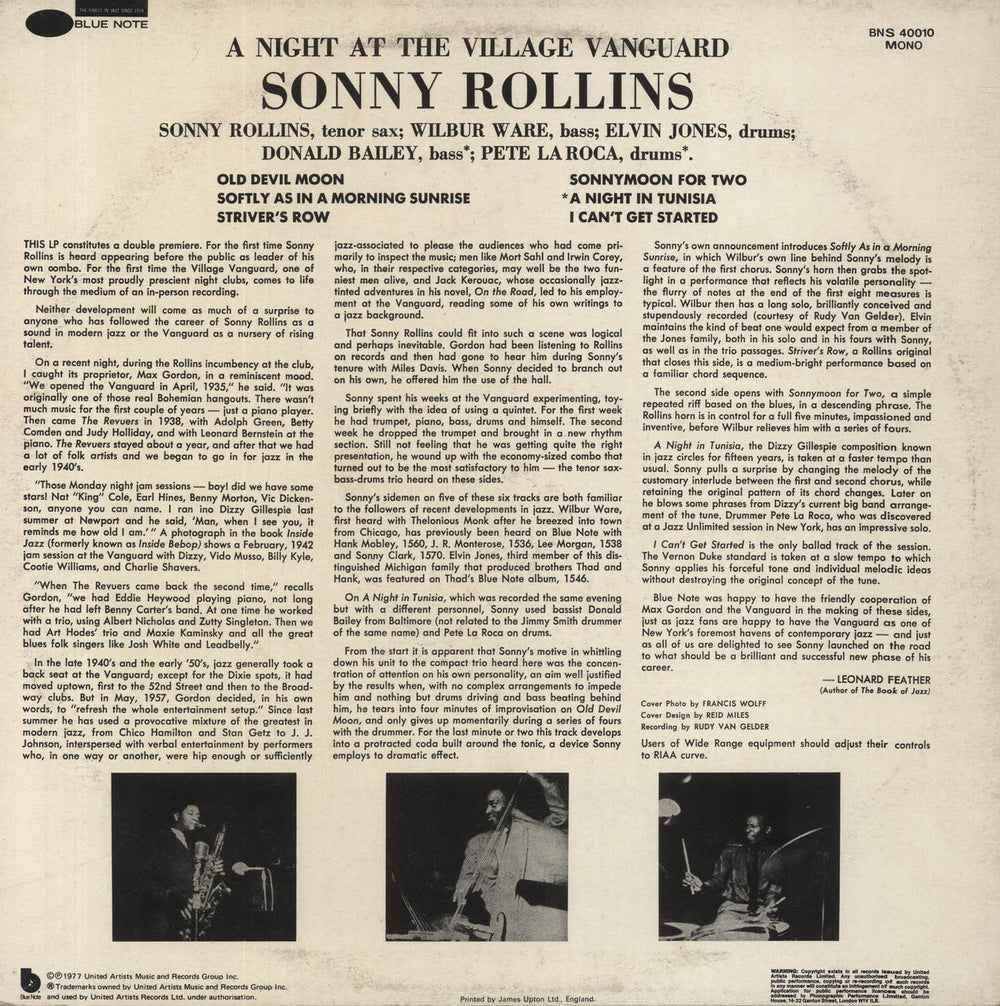 Sonny Rollins A Night At The Village Vanguard - 'b' label UK vinyl LP album (LP record)