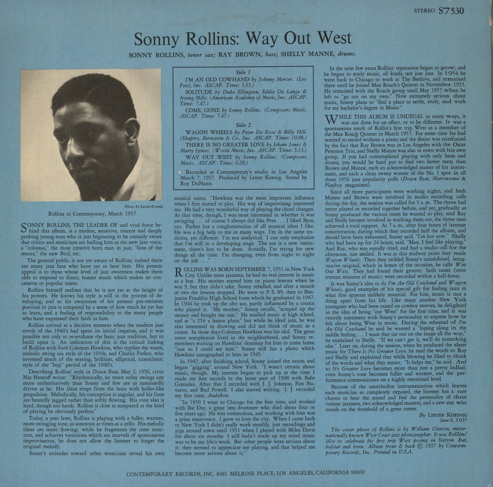 Sonny Rollins Way Out West US vinyl LP album (LP record)