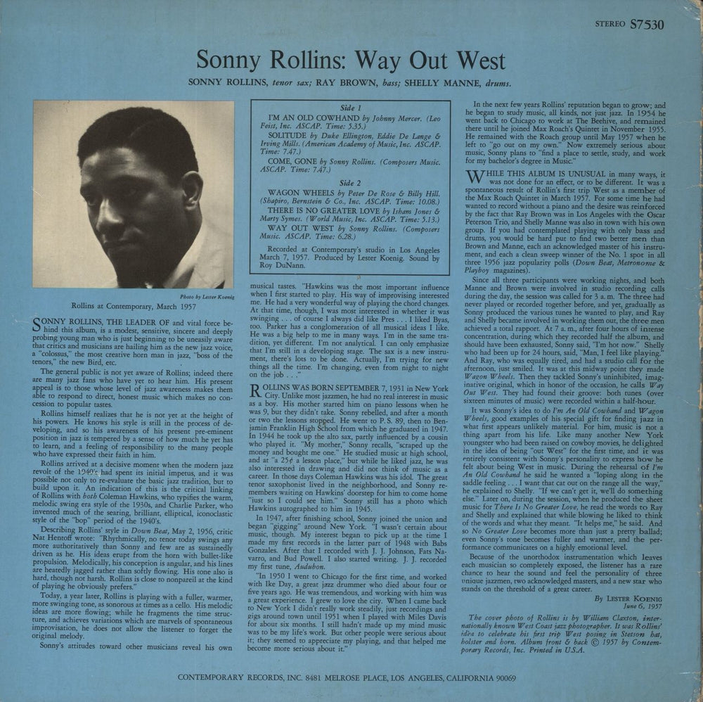 Sonny Rollins Way Out West US vinyl LP album (LP record)